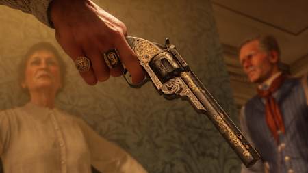 Ornate details on a revolver in Red Dead Redemption 2.