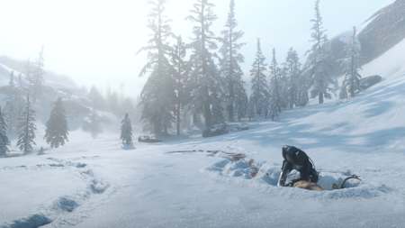 Screenshot of hunting in snow in Red Dead Redemption 2.