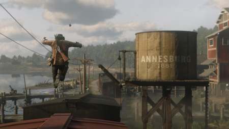 Screenshot of a character jumping in Red Dead Redemption 2
