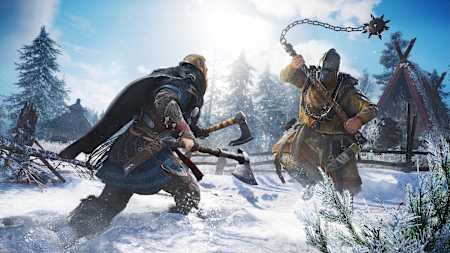 Een battle tussen twee vikings in Assassin's Creed: Valhalla