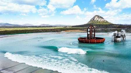 Image of a Surf Lakes prototype artificial surfing wave pool in Yeppoon, Queensland, which produces up to 2,400 waves per hour.