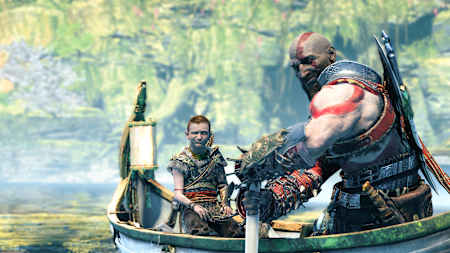 Kratos and Atreus sail through Alfheim in God of War