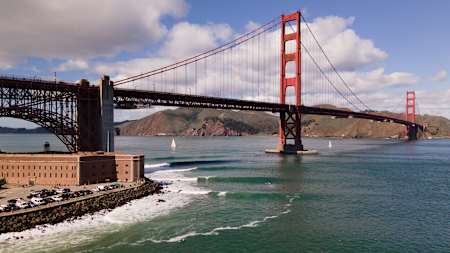 Shot of waves breaking under the Golden Gate Bridge. 
