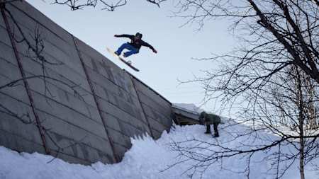 Snowboarder Scott Stevens performs during the filming for a segment in Under Black Flag by Pirate Movie Productions.