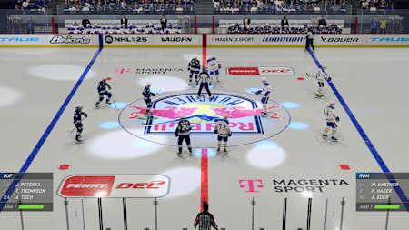 Screenshot aus NHL 25 zeigt einen Bully bei dem Match EHC Red Bulls München gegen die Buffalo Sabres.