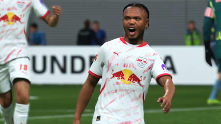 Loïs Openda von RB Leipzig bejubelt in FC 25 ein Tor.