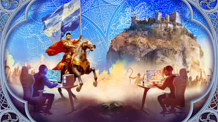 Red Bull Wololo: El Reinado. Jinete con bandera a caballo, dos jugadores jugando con ordenadores en primer plano. Castillo en una colina al fondo.