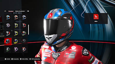 Una schermata della modalità carriera di MotoGP 24 mostra la selezione di un casco.