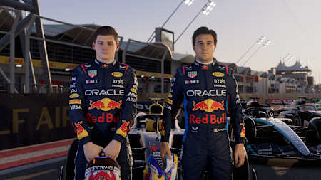 Screenshot from F1 24 shows Max Verstappen and Sergio Pérez at the drivers' parade.