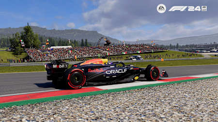 Screenshot from F1 24 shows Max Verstappen's Red Bull car in front of the Iron Bull at the Red Bull Ring