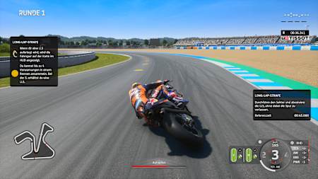 Screenshot aus MotoGP 24 zeigt Jack Miller in einem Tutorial zur Long-Lap-Strafe.