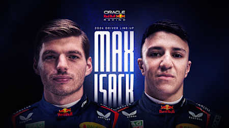 Graphic showing the 2026 Oracle Red Bull Racing driver line up with Max Verstappen and Isack Hadjar.