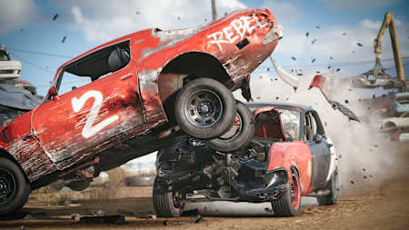 Screenshot aus Wreckfest 2 zeigt zwei Autos bei einem Crash