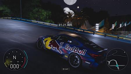 A Red Bull-branded car drifting in the Crew Motorfest.