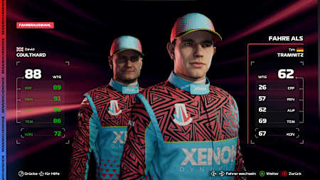 Screenshot aus F1 25 zeigt die Fahrerpaarung aus David Coulthard und Tim Tramnitz im MyTeam-Modus.