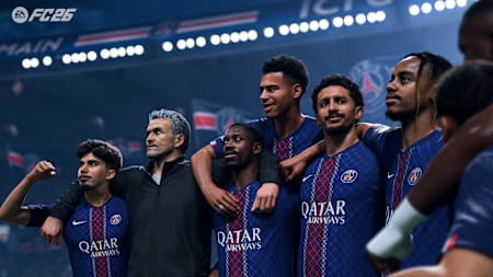 Luis Enrique e a equipe do PSG no EA Sports FC 26.