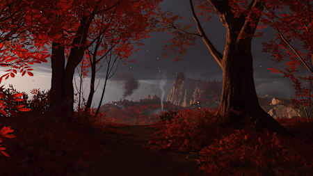 Screenshot from Ghost of Yotei shows a forest with mountains in the background.