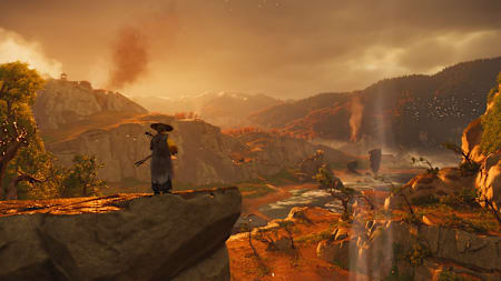 Screenshot from Ghost of Yotei shows Atsu on a mountain overlooking the landscape.