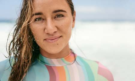 Carissa Moore poses for a portrait on Makapuu Beach, Oahu, Hawaii, USA on 9 October, 2021.