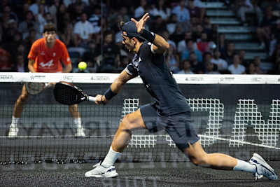 Alejandro Galán of Spain in action during the 2026 London Premier Padel P1 final match held at the Olympia in London, Great Britain in August 2026.