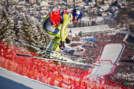 Aksel Lund Svindal performs at the Hahnenkamm downhill race in Kitzbuhel, Austria on January 26th, 2013  