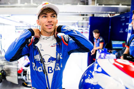 A photo of Pierre Gasly of Scuderia Toro Rosso in the garage at the 2018 Formula One Grand Prix of Belgium at Circuit de Spa-Francorchamps.