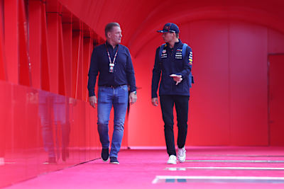 Jos and Max Verstappen arrive in the Paddock prior to final practice ahead of the F1 Grand Prix of Azerbaijan at Baku City Circuit on September 20, 2025 in Baku, Azerbaijan