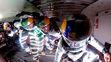 The Red Bull Air Force team preparing to jump over Marfa.