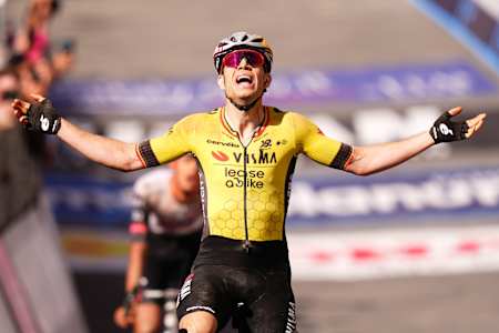 Wout Van Aert of Team Visma | Lease a Bike claims victory on stage 9 of the 2025 Giro d’Italia, crossing the Siena finish line in triumphant style on May 18, 2025