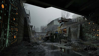A screenshot of a city underpass from Half-Life: Alyx.