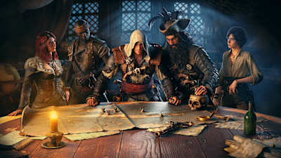 Edward Kenway, Barbe Noire et d'autres personnages autour d'une table de cartographie à bord du Jackdaw dans le jeu Assassin's Creed Black Flag Resynced.