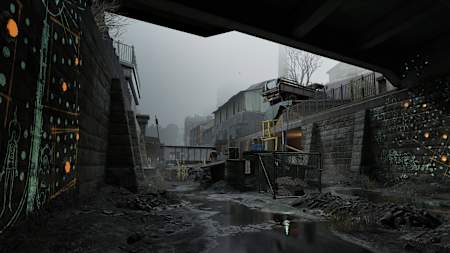 A screenshot of a city underpass from Half-Life: Alyx.