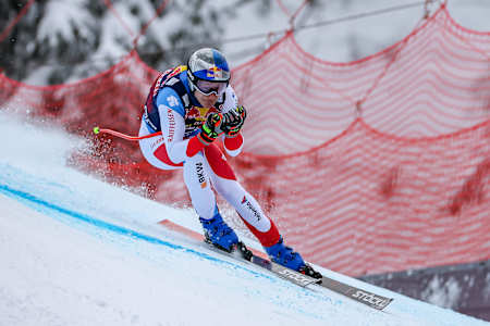 Marco Odermatt of Switzerland seen in the finish area during the Hahnenkamm Race in Kitzbuhel, Austria on January 23, 2022.