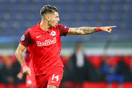 Dominik Szoboszlai articulating himself at a match for Red Bull Salzburg.