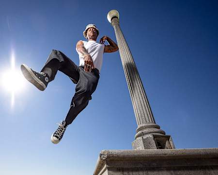 King, 32, was photographed for The Red Bulletin in Santa Monica, California, on January 24. His discipline, krump, is known for its energetic moves.