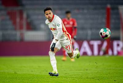 Roma loanee Justin Kluivert playing for RB Leipzig versus Bayern Munich. He scored in the game, which finished 3-3.