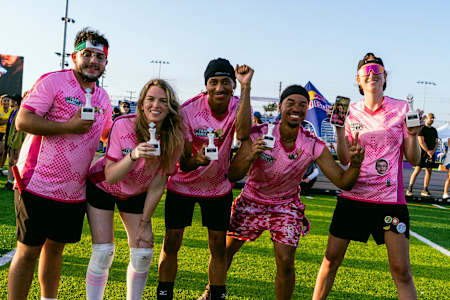DannyBans, QTCinderella, Yugi2x, Arky, Katie B show off their second place trophies at Streamer Games 2025 at Leuzinger High School in California, USA on August 17, 2025. 