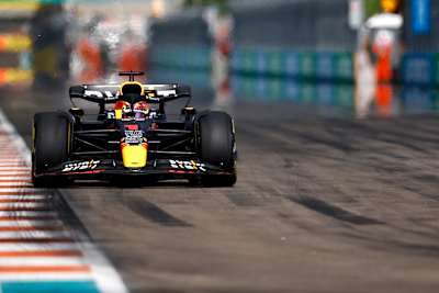 Max Verstappen of the Netherlands driving the (1) Oracle Red Bull Racing RB18 on track during the F1 Grand Prix of Miami at the Miami International Autodrome on May 08, 2022 in Miami, Florida. 