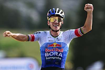Remco Evenepoel of Red Bull - BORA - hansgrohe celebrates a stage win at the 113th Tour de France. 
