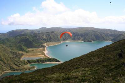 A paraglider takes to the skies of São Miguel island in the Azores.