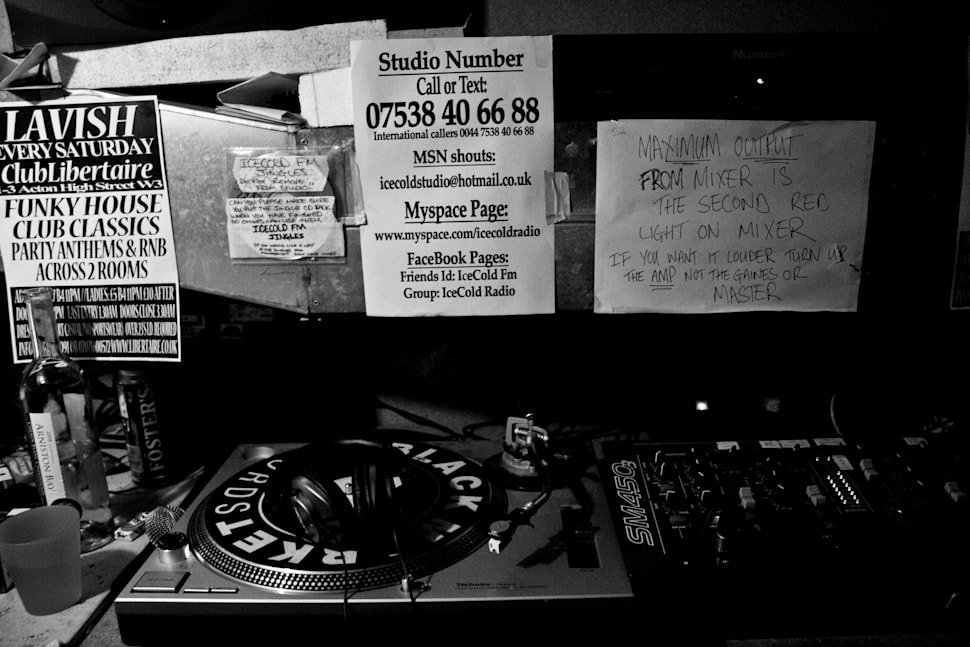 Broadcasting information taped above the decks at pirate radio station, IceCold FM, in 2008.