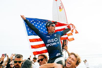 Griffin Colapinto chaired up the beach after winning the MEO Rip Curl Pro Portugal.