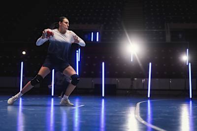 Handball player Cristina Neagu of Romania is seen during the filming of 'The science behind Cristina Neagu’s unstoppable shot' in Bucharest, Romania. 