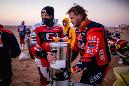 Daniel Sanders and Toby Price of Red Bull KTM Factory Racing are seen at the start line of stage 4 of Rally Dakar 2022 from Al Qaisumah to Riyadh, Saudi Arabia on January 5, 2022. 