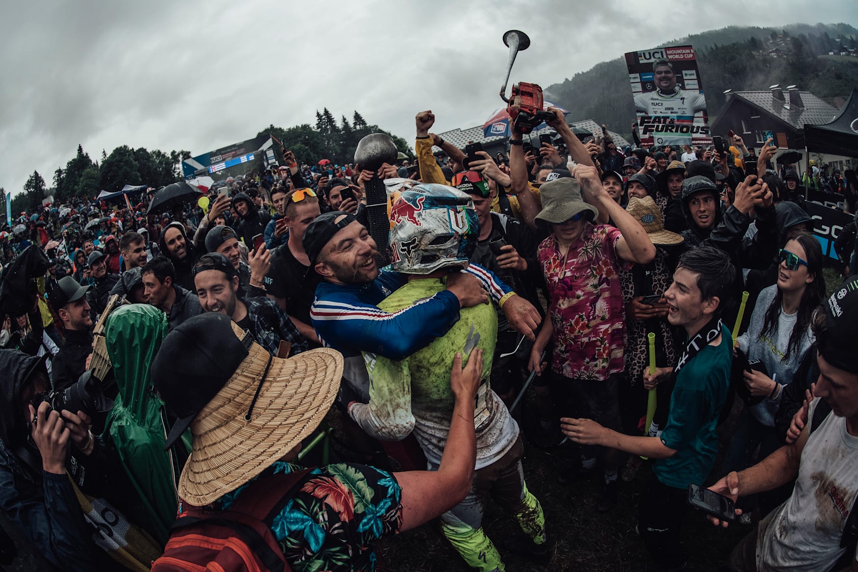 Loïc Bruni ambushed by fans after the race in Les Gets, France, on July 3, 2021.