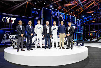 Team members on stage during the launch of the Scuderia AlphaTauri Formula 1 team and AlphaTauri SS20 and AW20–21 clothing lines in Hangar-7, Salzburg, Austria on February 14, 2020.