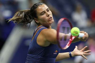 Emma Navarro returns a shot against Anna Kalinskaya at the Women's Singles Fourth Round match on Day 8 of the 2026 US Open at USTA Billie Jean King National Tennis Center, New York, September 6, 2026.