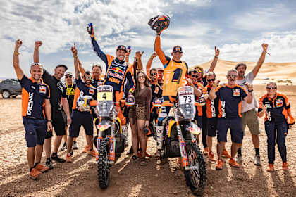 Daniel Sanders and Edgar Canet of Red Bull KTM Factory Racing are seen at the finish line of the Rallye du Maroc, stop 5 of the World Rally-Raid Championship, in Erfoud, Morocco, on October 17, 2025. 