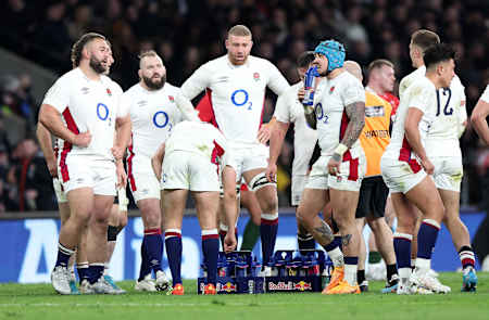England Rugby Players during the match at Twickenham Stadium, London on February 26, 2022.