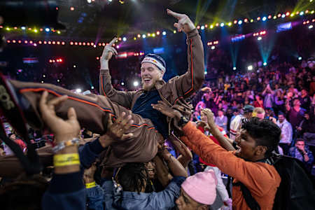 Menno of the Netherlands celebrates after winning the Red Bull BC One World Final at the National Sports Club of India (NSCI) in Mumbai, India on November 9, 2019.